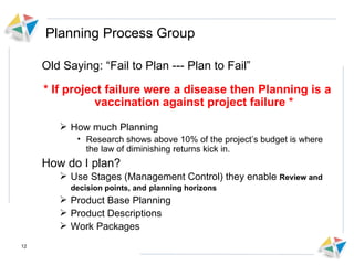 Planning Process Group Old Saying: “Fail to Plan --- Plan to Fail” * If project failure were a disease then Planning is a vaccination against project failure * How much Planning Research shows above 10% of the project’s budget is where the law of diminishing returns kick in. How do I plan? Use Stages (Management Control) they enable  Review and decision points, and   planning horizons Product Base Planning Product Descriptions Work Packages 