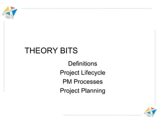 THEORY BITS Definitions Project Lifecycle PM Processes Project Planning 