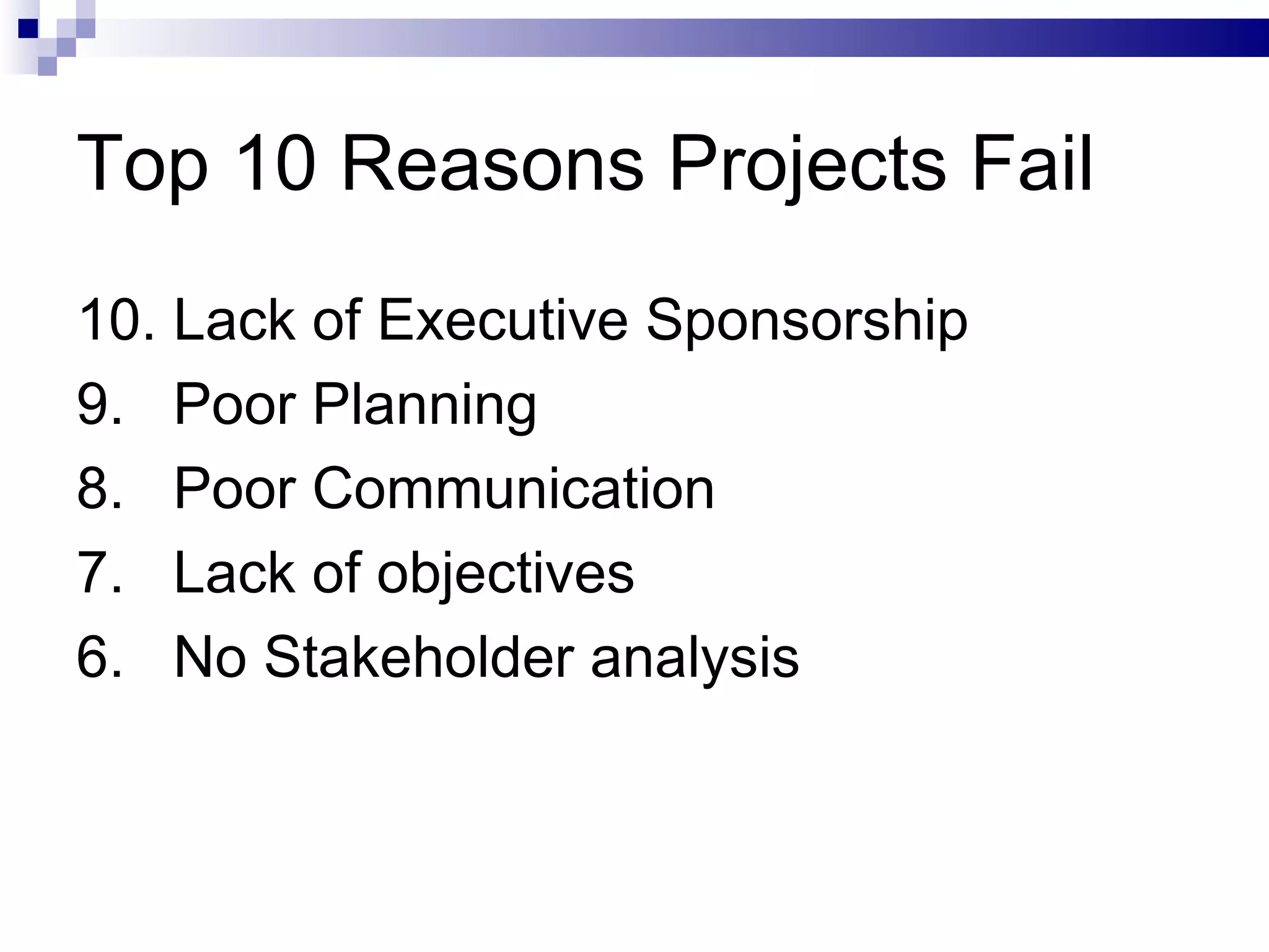 Top 10 Reasons Projects Fail 10. Lack of Executive Sponsorship 9.  Poor Planning 8.  Poor Communication 7.  Lack of objectives 6.  No Stakeholder analysis 