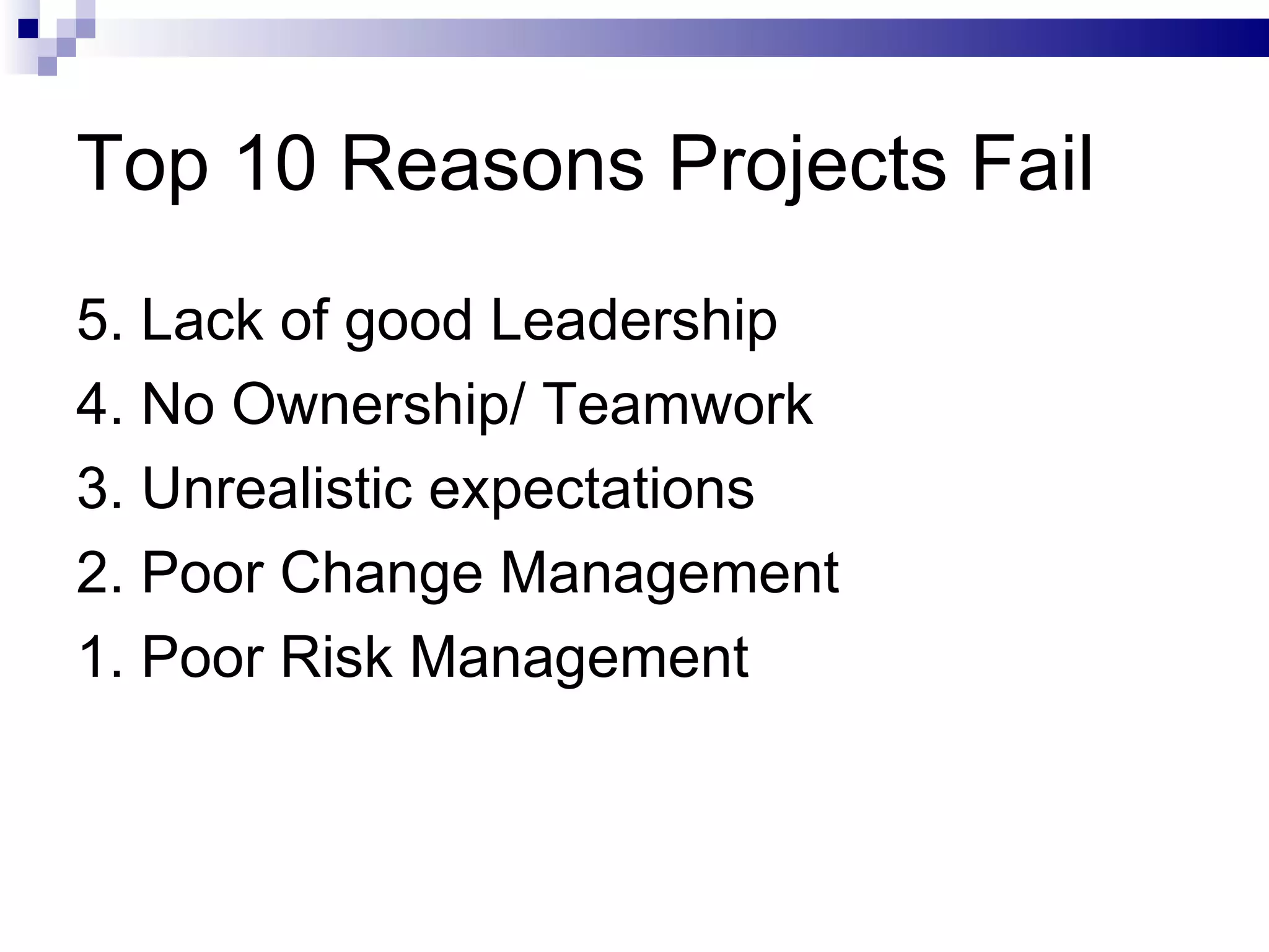 Top 10 Reasons Projects Fail 5. Lack of good Leadership 4. No Ownership/ Teamwork 3. Unrealistic expectations 2. Poor Change Management 1. Poor Risk Management 