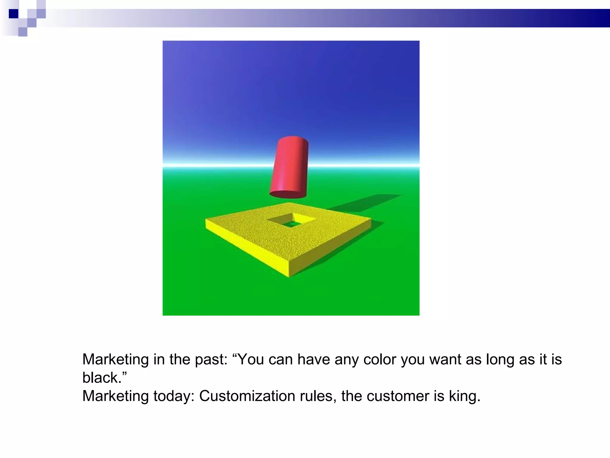 Marketing in the past: “You can have any color you want as long as it is black.”  Marketing today: Customization rules, the customer is king. 
