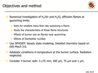 Objectives and method Numerical investigation of H 2 /Air and H 2 /O 2  diffusion flames at quenching limits: Seek for smallest mass flow rate sustaining a flame. Study the characteristics of those flame structures. Effects of burner size on flames near quenching. Effects of Damköhler number. Use SPHDIFF. Steady state modeling. Detailed chemistry based on GRI-Mech 3.0. Adiabatic conditions in temperature at the burner surface. Radiation neglected. Consider 4 burner radii: 3.175 mm, 300 µm, 75 µm and 1 µm.  