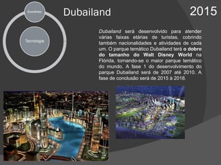 Dubailand 2015 Dubailand  será desenvolvido para atender várias faixas etárias de turistas, cobrindo também nacionalidades e atividades de cada um. O parque temático Dubailand terá  o dobro do tamanho do Walt Disney World  na Flórida, tornando-se o maior parque temático do mundo. A fase 1 do desenvolvimento do parque Dubailand será de 2007 até 2010. A fase de conclusão será de 2015 à 2018 .  