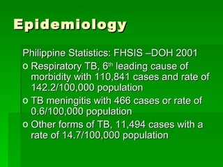 Epidemiology Philippine Statistics: FHSIS –DOH 2001 Respiratory TB, 6 th  leading cause of morbidity with 110,841 cases and rate of 142.2/100,000 population  TB meningitis with 466 cases or rate of 0.6/100,000 population Other forms of TB, 11,494 cases with a rate of 14.7/100,000 population 