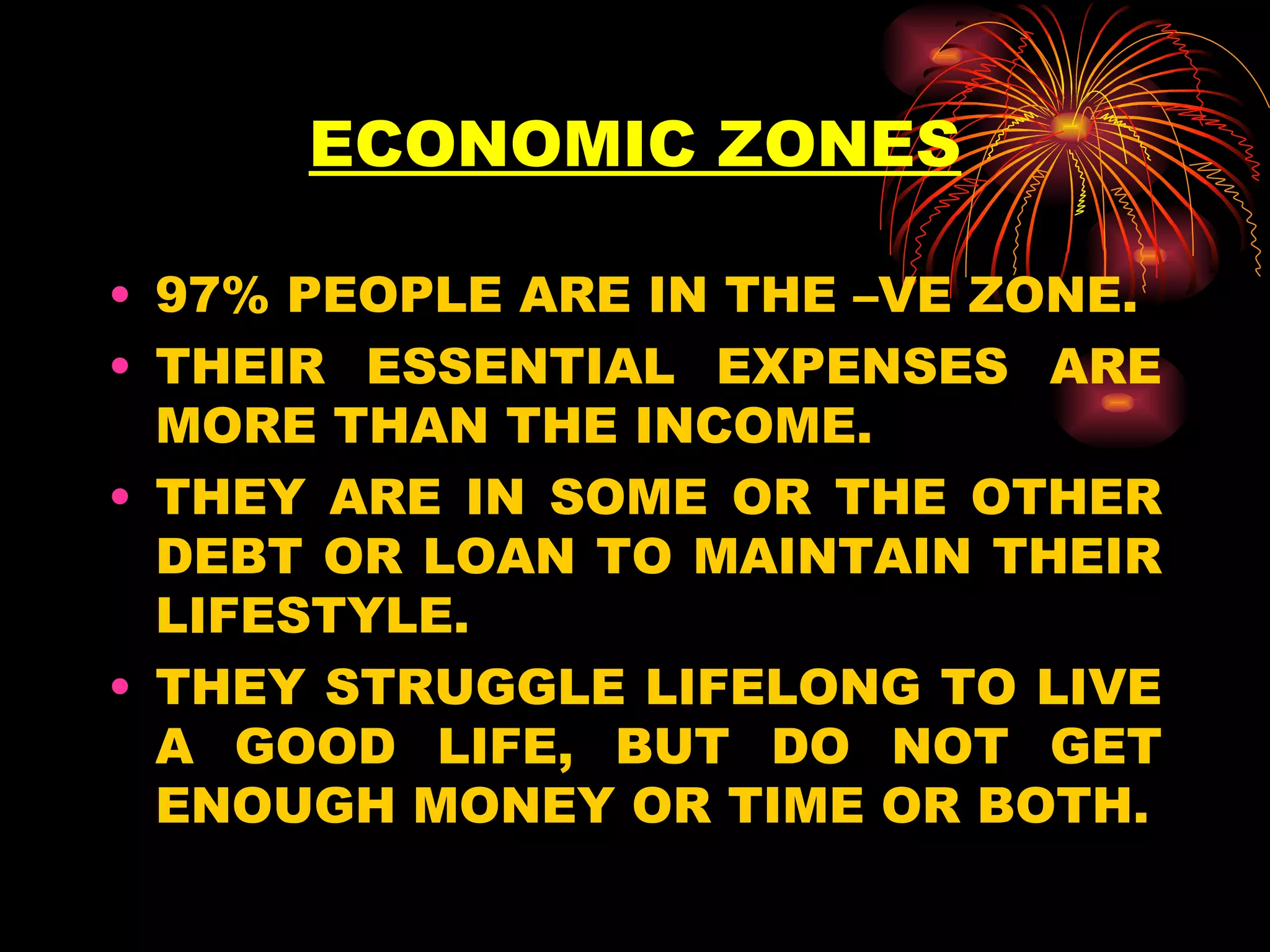 97% PEOPLE ARE IN THE –VE ZONE.  THEIR ESSENTIAL EXPENSES ARE MORE THAN THE INCOME. THEY ARE IN SOME OR THE OTHER DEBT OR LOAN TO MAINTAIN THEIR LIFESTYLE. THEY STRUGGLE LIFELONG TO LIVE A GOOD LIFE, BUT DO NOT GET ENOUGH MONEY OR TIME OR BOTH. ECONOMIC ZONES 