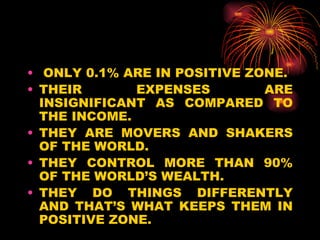 ONLY 0.1% ARE IN POSITIVE ZONE. THEIR EXPENSES ARE INSIGNIFICANT AS COMPARED TO THE INCOME.  THEY ARE MOVERS AND SHAKERS OF THE WORLD. THEY CONTROL MORE THAN 90% OF THE WORLD’S WEALTH. THEY DO THINGS DIFFERENTLY AND THAT’S WHAT KEEPS THEM IN POSITIVE ZONE. 