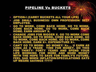 PIPELINE Vs BUCKETS OPTION-I (CARRY BUCKETS ALL YOUR LIFE) JOB/ SMALL BUSINESS/ OWN PROFESSION/ SELF EMPLOYED. GO TO WORK, COME BACK HOME. GO TO WORK, COME BACK HOME. GO TO WORK, COME BACK HOME. EARN AMOUNT X. CHANGE JOBS FOR BIGGER X. GO TO WORK COME BACK HOME. GO TO WORK, COME BACK HOME. GO TO WORK, COME BACK HOME. GO TO WORK, COME BACK HOME. EARN X+. EXPENDITURE X+. CAN’T GO TO WORK-  NO MONEY/ Xs…. U EARN AS LONG AS U TRADE  TIME FOR MONEY. DO THIS FOR THIRTY- FORTY YEARS AND SPEND YOUR LIFE WORKING FOR MORE AND MORE MONEY WITH THE HOPE TO SAVE FOR FAMILY’S FUTURE. FEEL SAD WHEN INFLATION/SPECULATIONS EATS UP MEGRE SAVINGS ????? 