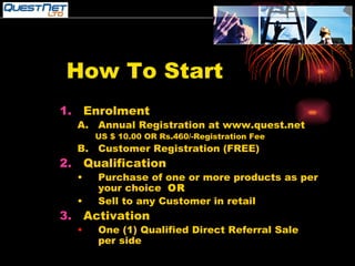 How To Start Enrolment Annual Registration at www.quest.net US $ 10.00 OR Rs.460/-Registration Fee  Customer Registration (FREE) Qualification Purchase of one or more products as per your choice  OR Sell to any Customer in retail  Activation One (1) Qualified Direct Referral Sale per side 