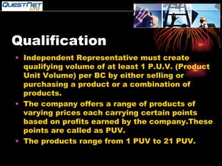 Qualification Independent Representative must create qualifying volume of at least 1 P.U.V. (Product Unit Volume) per BC by either selling or purchasing a product or a combination of products. The company offers a range of products of varying prices each carrying certain points based on profits earned by the company.These points are called as PUV. The products range from 1 PUV to 21 PUV. 