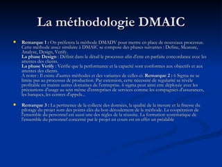 La méthodologie DMAIC Remarque 1 :  On préferera la méthode DMADV pour mettre en place de nouveaux processus. Cette méthode assez similaire à DMAIC se compose des phases suivantes : Define, Measure, Analyze, Design, Verify.  La phase Design  : Définit dans le détail le processus afin d'etre en parfaite concordance avec les attentes des clients.  La phase Verify  : Vérifie que la performance et la capacité sont conformes aux objectifs et aux attentes des clients.  A noter : Il existe d'autres méthodes et des variantes de celles-ci.  Remarque 2 :  6 Sigma ne se limite pas au processus de production. Par extension, cette nécessité de regularité se révèle profitable en maints autres domaines de l'entreprise. 6 sigma peut ainsi etre déployée avec les précautions d'usage au sein même d'entreprises de services comme les compagnies d'assurances, les banques, les centres d'appels... Remarque 3 :  La pertinence de la collecte des données, la qualité de la mesure et la finesse du pilotage du projet sont des points clés du bon déroulement de la méthode. La coopération de l'ensemble du personnel est aussi une des règles de la réussite. La formation systématique de l'ensemble du personnel concerné par le projet en cours est en effet un préalable 
