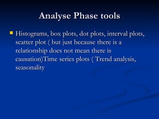 Analyse Phase tools Histograms, box plots, dot plots, interval plots, scatter plot ( but just because there is a relationship does not mean there is causation)Time series plots ( Trend analysis, seasonality 