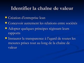 Identifier la chaîne de valeur Création d’entreprise lean Concevoir autrement les relations entre sociétés Adopter quelques principes régissant leurs rapports Instaurer la transparence à l’egard de toutes les mesures prises tout au long de la chaîne de valeur 