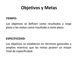 Objetivos y Metas Los objetivos se definen como resultados a largo plazo y las metas como resultado a corto plazo. TIEMPO:  ESPECIFICIDAD:  Los objetivos se establecen en términos generales y amplios mientras que las metas poseen un mayor nivel de especificidad. 