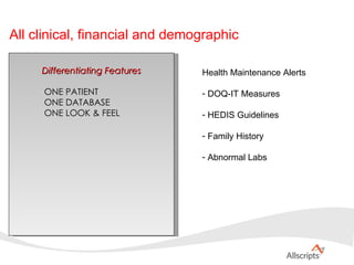 Differentiating Features ONE PATIENT ONE DATABASE ONE LOOK & FEEL Health Maintenance Alerts DOQ-IT Measures HEDIS Guidelines Family History Abnormal Labs All clinical, financial and demographic  