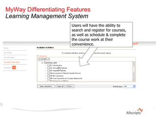 Users will have the ability to search and register for courses, as well as schedule & complete the course work at their convenience. MyWay Differentiating Features Learning Management System 