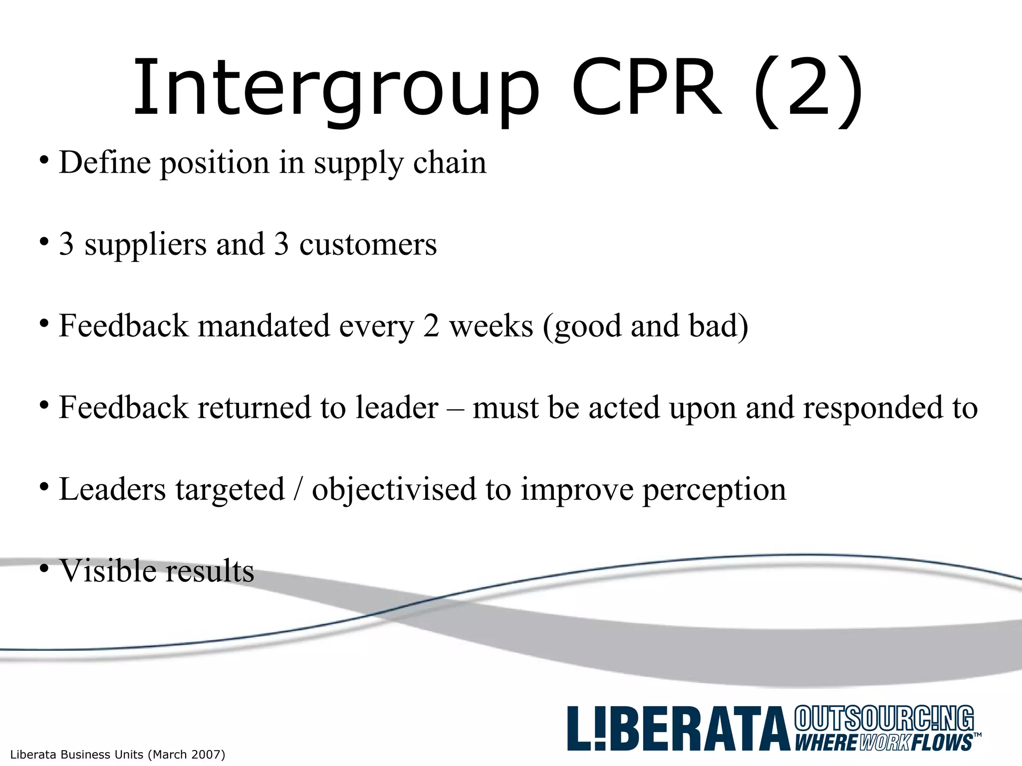 Intergroup CPR (2) Define position in supply chain 3 suppliers and 3 customers Feedback mandated every 2 weeks (good and bad) Feedback returned to leader – must be acted upon and responded to Leaders targeted / objectivised to improve perception Visible results 