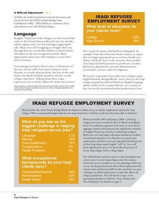 76595 Newsletter:RW_newsletter                2/19/2008          12:49 PM         Page 2




          A Difficult Adjustment: << 1
                                                                                                      IRAQI REFUGEE
                                                                                                    EMPLOYMENT SURVEY
          (LSSM), the Arab Community Center for Economic and
          Social Services (ACCESS) and the Refugee State

                                                                                                   What level of education do
          Coordinator’s office.1 What follows is a summary of our

                                                                                                   your clients have?
          selected interviews with 30 Iraqi refugees.


          Language
                                                                                                   College                                          63%
                                                                                                   High School                                      36%
          Roughly 70 percent of the refugees we interviewed had
          come to the United States within the last two months,
          which explains why very few had begun applying for
          jobs. Many were still struggling to navigate their way
          through Detroit, enroll their children in local schools,                              One couple we spoke with had been kidnapped, for
          and adjust to the new living environment. Most                                        example. Some described their home country as a place
          importantly, many were still waiting to receive their                                 that no longer guaranteed access to basic health care,
          driver’s licenses.                                                                    shelter and food. Prior to the invasion, these middle-
                                                                                                class Iraqis had held positions as professors, teachers,
          Case managers estimate that as many as 40 percent of                                  physicians, pharmacists, network administrators,
          the new arrivals suffer from post-traumatic stress                                    accountants, artisans, and civil engineers.
          disorder as a result of persecution, the loss of jobs and
          homes, the death of family members and the overall                                    We weren’t surprised to learn that most refugees spoke
          refugee experience. Talking about these tragic                                        English fluently. RefugeeWorks’ survey data on the Iraqi
          experiences was a touchy subject for many interviewees.                               refugee population showed that basic English language
          1
            Special thanks to Joseph Kassab (CFA), Sonia Harb (ACCESS), Belmin Pinjic (LSSM),   ability would not be a major obstacle. As a matter of
          Al Horn (State Refugee Coordinator) and the U.S. Office of Refugee Resettlement for
          making this study possible.
                                                                                                fact, we mostly encountered urban professionals from




                                  IRAQI REFUGEE EMPLOYMENT SURVEY
                    Shortly before the winter break, RefugeeWorks developed an online survey to explore employment options for Iraqi
                    refugees. What occupational backgrounds do your Iraqi clients have? And how easily have they been able to find jobs?


                    What do you see as the
                                                                                                Between October 2007 and January 2008, 1,324 Iraqi

                    biggest challenge in helping
                                                                                                refugees have been resettled in the U.S. Based on feedback


                    Iraqi refugees secure jobs?
                                                                                                from 12 resettlement agencies in 20 states, we were able to
                                                                                                aggregate statistics that represent the employment situation

                    Language                                                        21%
                                                                                                of roughly 50 percent of newly resettled Iraqi refugees.
                                                                                                Before the war, Iraqi higher education had had an excellent
                    Attitude                                                        16%         international reputation. It is therefore no surprise that

                    Over-Qualification                                              16%
                                                                                                employment counselors surveyed responded that 68 percent

                    Transportation                                                  5%
                                                                                                of their Iraqi clients spoke English “well” or “very well.”

                    Health Problems                                                 5%
                                                                                                Quite significantly, also it was found that 63 percent of
                                                                                                recent Iraqi refugees held a college degree.


                    What occupational
                    backgrounds do your Iraqi
                                                                                                You will find these and more survey results throughout our
                                                                                                current issue. As more Iraqi refugees enter the country,

                    clients have?
                                                                                                within the next six months we are also planning a follow-up
                                                                                                survey. Are Iraqi professionals able to find employment that

                    Technical/Mechanical                                            38%
                                                                                                matches their professional skills? In this newsletter we open

                    Administrative                                                  29%
                                                                                                a dialogue on skilled employment, a topic that affects all

                    Health Sector                                                   28%
                                                                                                refugee populations. This will also be a topic at our
                                                                                                upcoming trainings in California, Texas, Indiana and
                                                                                                New Hampshire (see details on page 7).




          2
          Iraqi Refugees in Focus
 