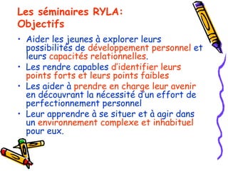 Les séminaires RYLA: Objectifs Aider les jeunes à explorer leurs possibilités de  développement personnel  et leurs  capacités relationnelles . Les rendre capables  d’identifier leurs points forts et leurs points faibles Les aider à  prendre en charge leur avenir  en découvrant la nécessité d’un effort de perfectionnement personnel Leur apprendre à se situer et à agir dans un  environnement complexe et inhabituel  pour eux. 