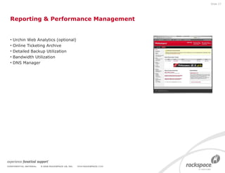 Reporting & Performance Management Urchin Web Analytics (optional) Online Ticketing Archive Detailed Backup Utilization Bandwidth Utilization DNS Manager Slide  