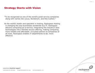Strategy Starts with Vision “ To be recognized as one of the world’s great service companies along with names like Lexus, Nordstrom, and Ritz-Carlton.” As the world’s leader and specialist in hosting, Rackspace Hosting is changing the way businesses worldwide buy IT. Rackspace delivers computing-as-a-service, integrating the industry’s best technologies into a flexible service offering, making computing more reliable and affordable. A trusted partner to companies of all sizes, Rackspace enables IT departments to be. more effective Slide  
