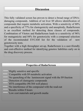 This fully validated screen has proven to detect a broad range of DNA-damaging compounds. Addition of rat liver S9 allows identification of compounds that require metabolic activation. With a sensitivity of 80% and a specificity of 77% for clastogenicity and aneuploidy, RadarScreen is an excellent method for detecting these classes of compounds. Combination of Vitotox and RadarScreen leads to a sensitivity of 96% for mutagenicity and 84% for genotoxicity with a compound selection of the recommended EVCAM list for the validation of  new genotoxicity tests. Together with a high throughput set-up, RadarScreen is a user-friendly and cost-effective method for identifying genotox liabilities early on in the drug discovery process.  Properties of RadarScreen Highly sensitive and specific Compatible with S9 metabolic activation No quenching of the  luminescent signal with the S9 fraction Detection of clastogenic compounds HTS compatible (96/384 well plates) No interference of the compound with the read-out Results within 8 hours   Low cost materials and growth media Discussion 