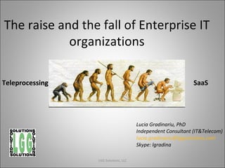 The raise and the fall of Enterprise IT organizations Teleprocessing SaaS Lucia Gradinariu, PhD Independent Consultant (IT&Telecom) [email_address] Skype: lgradina LGG Solutions, LLC 