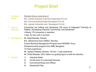 Project Brief Industrial Galas Construction of customised factories Commercial Shops and Offices Residential Flats Product 5 Mr. Dipal Rokadia, Director  B.E. (Electronics) from SAKEC, Mumbai,  Constn Business Management Program from NICMAR. Pune,  Entrepreneurship program from IIMB, Bangalore 10 Years experience Mr. Jignesh Rokadia, Director - B Com. 7 year experience Mr. Praful Rokadia, CEO- father is a guiding figure to both the directors. Management 4 Companies are holding and developing 150 acres of Integrated Township at Palghar. Developing Industrial, Commercial, and Residential Nearly 170 companies in operation  app. 40 new units in process.  Type of Business 2 Rokadia Group comprising of: M/s. Varsha Industrial Township Organisers Pvt Ltd M/s. Krunal Industrial Estate Developers Pvt Ltd M/s. Jignesh Industrial Land  Developers Pvt Ltd  Company Name 1 