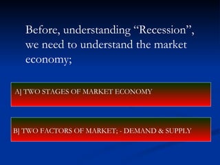 Before, understanding “Recession”,  we need to understand the market economy; A] TWO STAGES OF MARKET ECONOMY  B] TWO FACTORS OF MARKET; - DEMAND & SUPPLY 