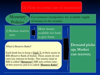 G] How to come out of recession? 1] Reduce reserve ratio  More money available for bank to give loans Demand picks up; Market  can recover; Government manipulates the available supply  of money in the country  Monetary Policies What is Reserve Ratio? Each bank has to keep a  high %  of their assets in  RBI (Reserve Bank of India). These assets do not  earn any interest to banks. This money kept in  RBI is called  “Reserves”;  RBI sets certain ratio  of this reserves and it is called  “Reserve Ratio” 
