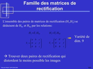 Famille des matrices de rectification Tébourbi Riadh, SUP'COM 2005 L'ensemble des paires de matrices de rectification (H 1 ,H 2 ) se déduisent de H 01  et H 02  par les relations:   Variété de dim. 9    Trouver deux paires de rectification qui distordent le moins possible les images 