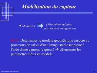 Modélisation du capteur Tébourbi Riadh, SUP'COM 2005 BUT : Déterminer le modèle géométrique associé au processus de saisie d'une image stéréoscopique à l'aide d'une caméra (capteur)    déterminer les paramètres liés à ce modèle.   Déterminer relation  coordonnées Image/scène Modéliser 