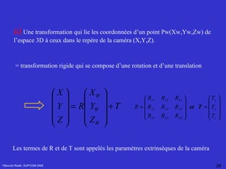 Tébourbi Riadh, SUP'COM 2005 a)  Une transformation qui lie les coordonnées d’un point Pw(Xw,Yw,Zw) de l’espace 3D à ceux dans le repère de la caméra (X,Y,Z). = transformation rigide qui se compose d’une rotation et d’une translation    Les termes de R et de T sont appelés les paramètres extrinsèques de la caméra   