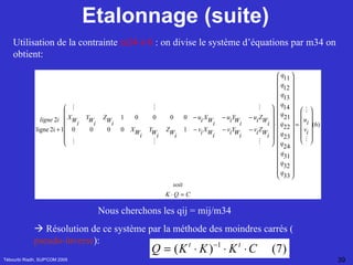 Etalonnage (suite) Tébourbi Riadh, SUP'COM 2005 Utilisation de la contrainte  m34    0  : on divise le système d’équations par m34 on obtient: Nous cherchons les qij = mij/m34    Résolution de ce système par la méthode des moindres carrés ( pseudo-inverse ): 