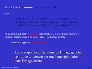 Tébourbi Riadh, SUP'COM 2005 En éliminant Z1   Avec:    équation qui décrit l' ensemble  des points  (x2,y2) de l'image de droite pouvant correspondre à un point (x1,y1) de l'image gauche   =  une droite appelée  droite épipolaire   Le correspondant d'un point de l'image gauche se trouve forcément sur une ligne épipolaire dans l'image droite   