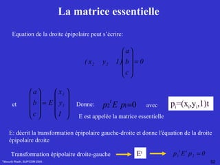 La matrice essentielle  Tébourbi Riadh, SUP'COM 2005 Equation de la droite épipolaire peut s’écrire: et Donne: p i =(x i ,y i ,1)t   avec E est appelée la matrice essentielle   E: décrit la transformation épipolaire gauche-droite et donne l'équation de la droite épipolaire droite   Transformation épipolaire droite-gauche   E t   