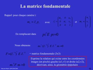 La matrice fondamentale  Tébourbi Riadh, SUP'COM 2005 Rappel: pour chaque caméra i:   avec et En remplacant dans Nous obtenons = matrice fondamentale (3 x 3)   Exprime la relation qui existe entre les coordonnées images (en pixels) gauche (u1,v1) et droite (u2,v2), décrivant, ainsi, la géométrie épipolaire  