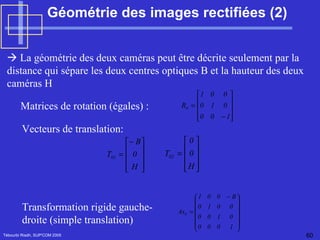 Géométrie des images rectifiées (2) Tébourbi Riadh, SUP'COM 2005    La géométrie des deux caméras peut être décrite seulement par la distance qui sépare les deux centres optiques B et la hauteur des deux caméras H   Matrices de rotation (égales)  : Vecteurs de translation:   Transformation rigide gauche-droite (simple translation) 