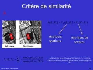 Critère de similarité Tébourbi Riadh, SUP'COM 2005 Attributs spatiaux Attributs de texture a k (R i ) attribut géométrique de la région  R i  . A = nombre d’attributs utilisés . Moment spatial, taille, nombre de pixels, etc. B 