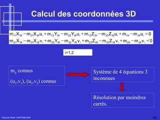 Calcul des coordonnées 3D Tébourbi Riadh, SUP'COM 2005 i=1,2 m ij  connus (u 1 ,v 1 ), (u 2 ,v 2 ) connus 0 v m m v Z m Z m v Y m Y m v X m X m 0 u m m u Z m Z m u Y m Y m u X m X m i 34 24 i W 33 W 23 i W 32 W 22 i W 31 W 21 i 34 14 i W 33 W 13 i W 32 W 12 i W 31 W 11                 Système de 4 équations 3 inconnues Résolution par moindres carrés. 