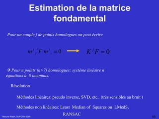 Estimation de la matrice fondamental Tébourbi Riadh, SUP'COM 2005 Pour un couple j de points homologues on peut écrire    Pour n points (n>7) homologues: système linéaire n équations à  8 inconnus. Résolution Méthodes linéaires: pseudo inverse, SVD, etc.. (très sensibles au bruit ) Méthodes non linéaires: Least  Median of  Squares ou  LMedS, RANSAC   