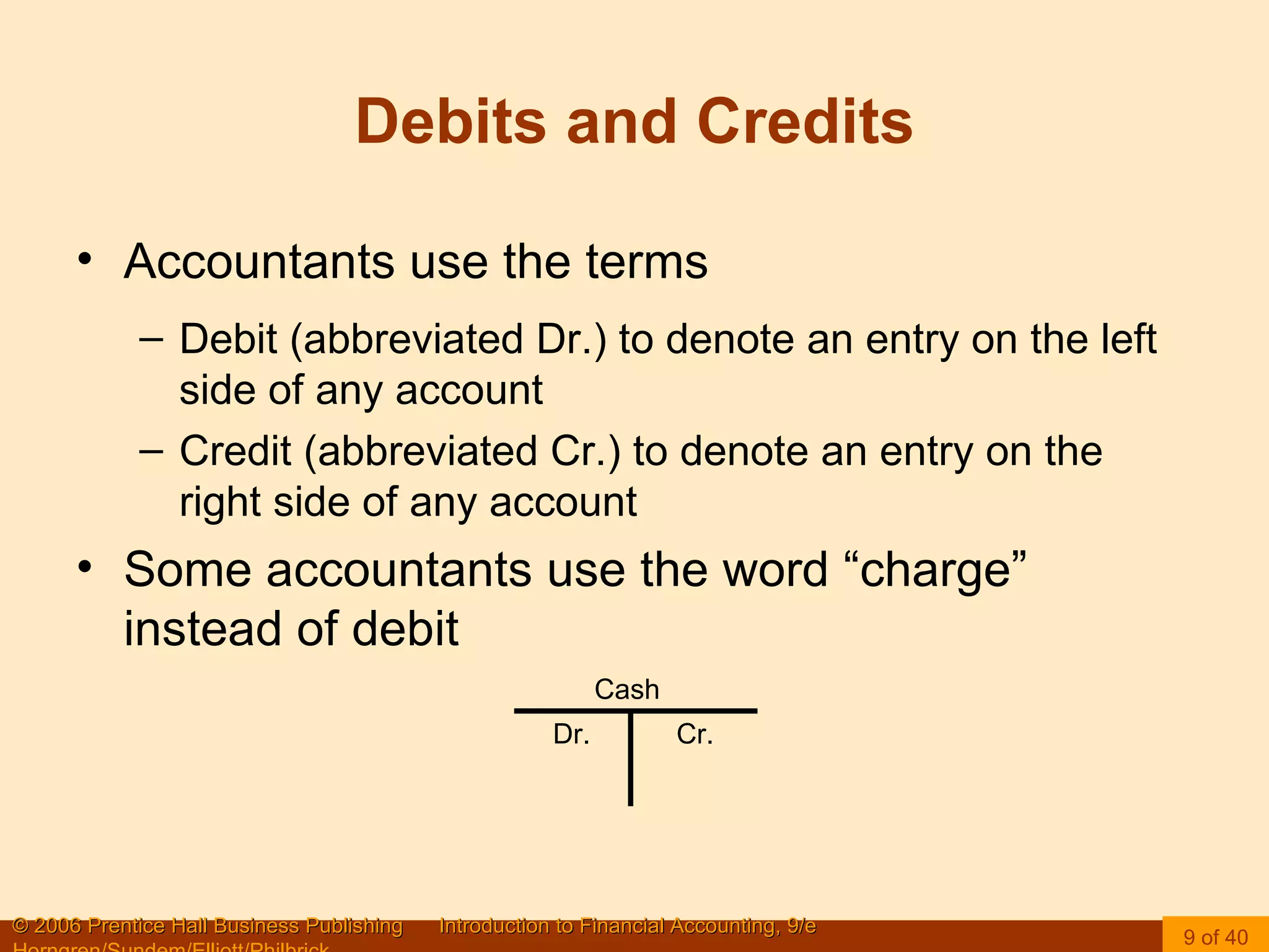 Debits and Credits Accountants use the terms Debit (abbreviated Dr.) to denote an entry on the left side of any account Credit (abbreviated Cr.) to denote an entry on the right side of any account Some accountants use the word “charge” instead of debit Cash Dr.  Cr. 