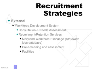 Recruitment Strategies External Workforce Development System Consultation & Needs Assessment Recruitment/Retention Services Maryland Workforce Exchange (Statewide jobs database) Pre-screening and assessment Facilities 