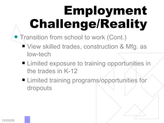 Employment Challenge/Reality Transition from school to work (Cont.) View skilled trades, construction & Mfg. as low-tech Limited exposure to training opportunities in the trades in K-12 Limited training programs/opportunities for dropouts 