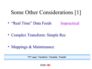 Some Other Considerations [1] “ Real Time” Data Feeds Complex Transform: Simple Rec Mappings & Maintenance Impractical 