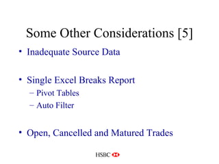 Some Other Considerations [5] Inadequate Source Data Single Excel Breaks Report Pivot Tables Auto Filter Open, Cancelled and Matured Trades 