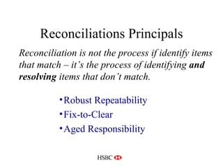 Reconciliations Principals Reconciliation is not the process if identify items that match – it’s the process of identifying  and resolving  items that don’t match. Robust Repeatability Fix-to-Clear Aged Responsibility 