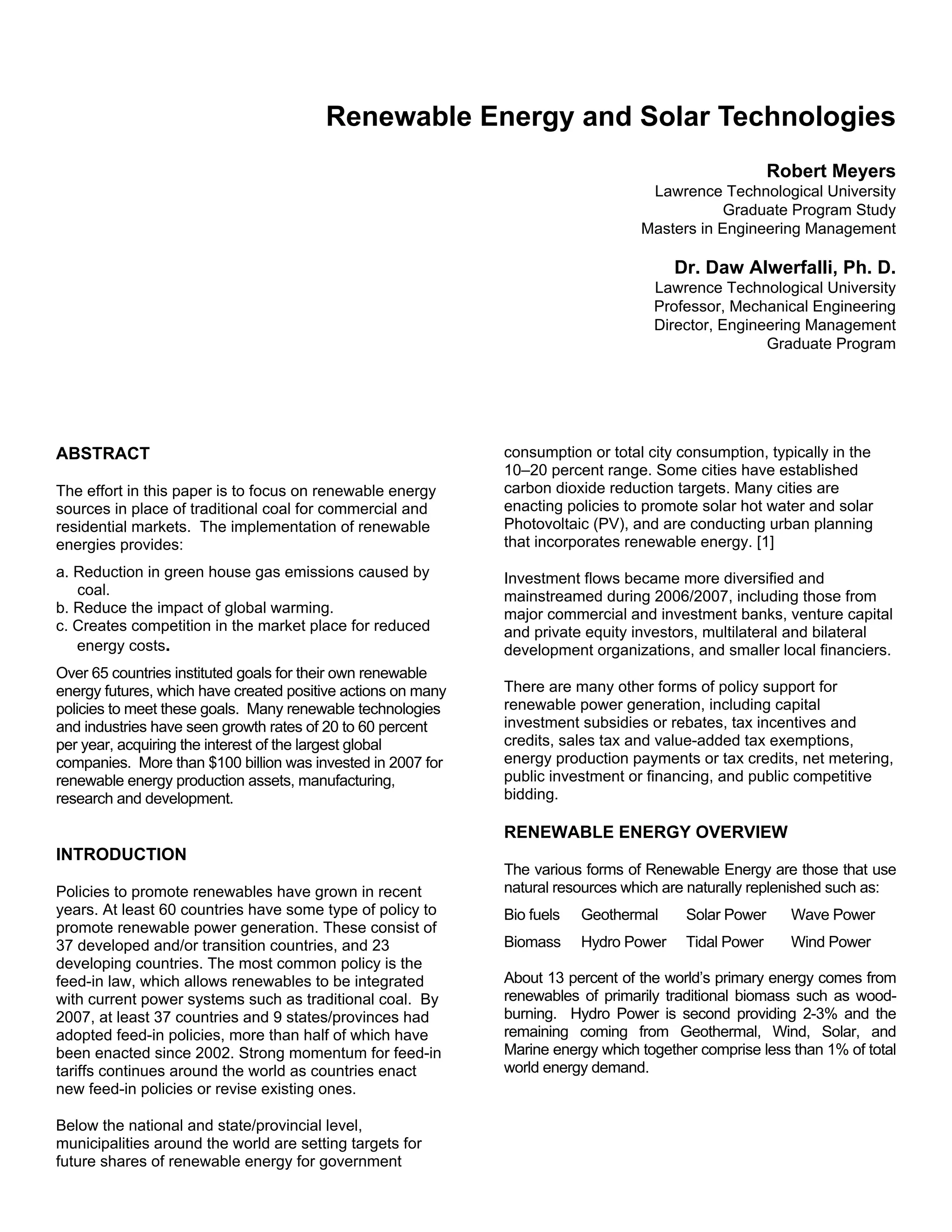 Renewable Energies And Solar Power