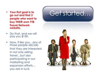 Your first goal is to  go out and find 3  people who want to  buy THEIR own YTB  Travel Network website. Do that, and we will  pay you $150. Now, if like you…any of  those people decide  that they are interested  in not only selling  travel…but also  participating in our  marketing and  expansion efforts…  you are in luck. 