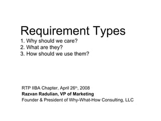 Requirement Types 1. Why should we care? 2. What are they? 3. How should we use them? RTP IIBA Chapter, April 26 th , 2008 Razvan Radulian, VP of Marketing Founder & President of Why-What-How Consulting, LLC 