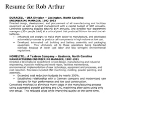 Resume for Rob Arthur 